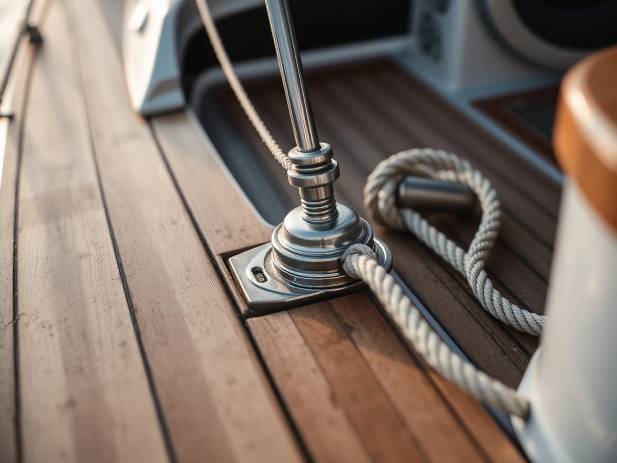 Dettaglio di coperta: winch, cima e teak